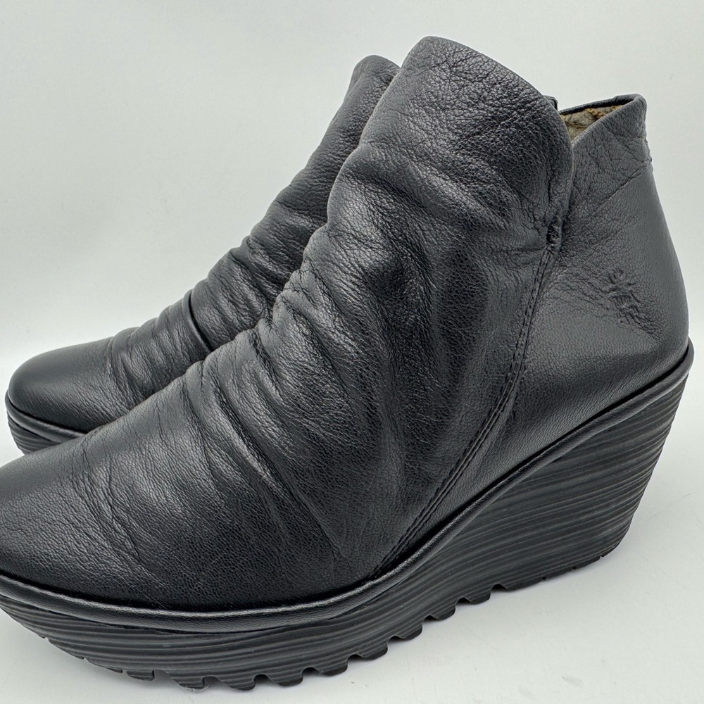 Fly London Yip Leather Wedge Zip Booties – Black – Women’s Size EU 38 / US 7.5–8 - Picture 2 of 9